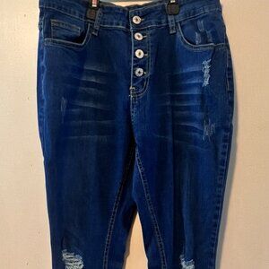Distressed Dark Blue Button Up Flare Jeans Women's Medium